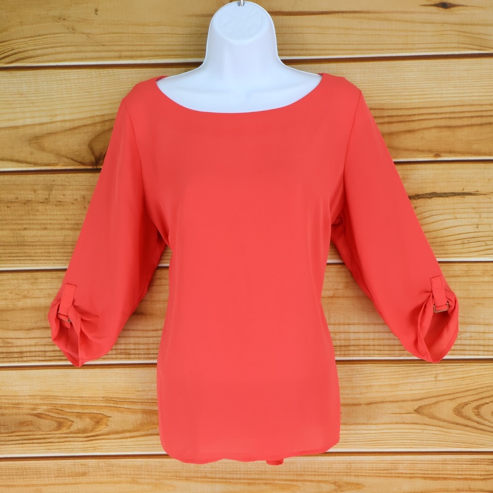 Apt. 9 Blouse Womens Sz M Peach Salmon Pink Polyester Blend 3/4 Sleeve Back Zip